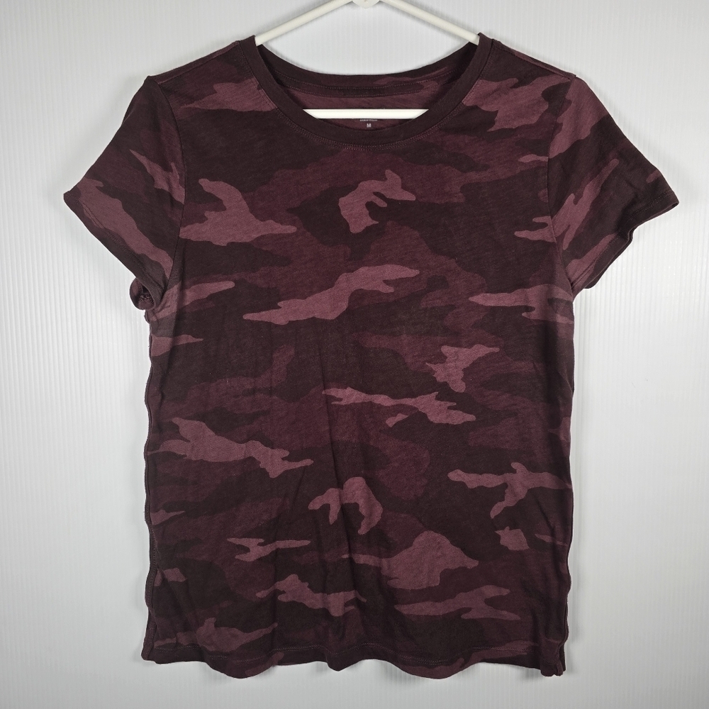 Athleta Women's Burgundy Camo Short Sleeve Tee Size M 100% Cotton